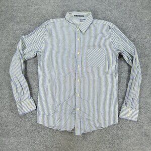 21 Men Button Shirt Men's Small Blue Yellow Striped Classic Pocket Long Sleeve